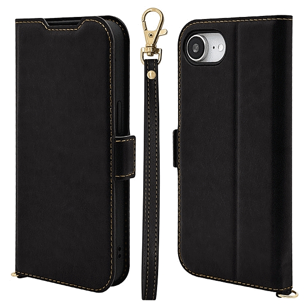 薄型手帳型ケース ハンドストラップ サイドマグネット ブラック