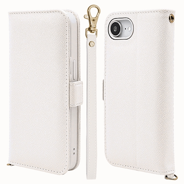 ハンドストラップ付き手帳型ケース ホワイト