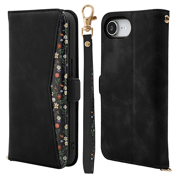 花柄手帳型ケース ブラック