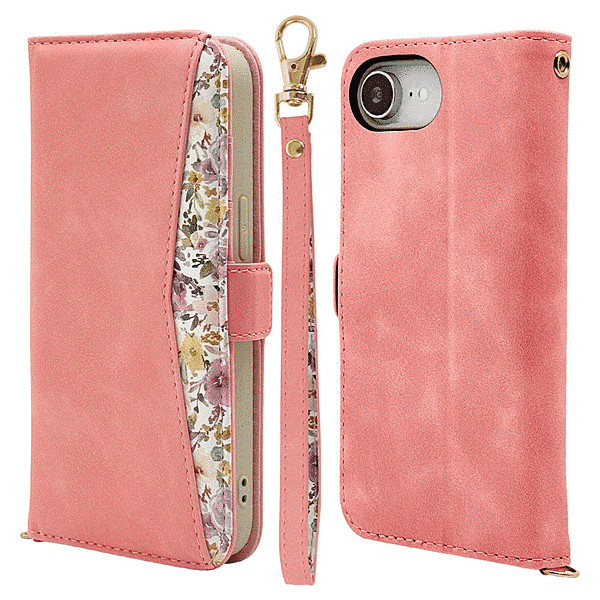 花柄手帳型ケース コーラルピンク