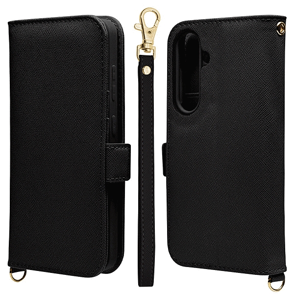 ハンドストラップ付き手帳型ケース ブラック