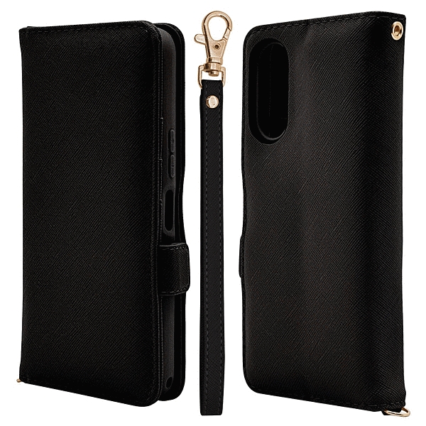 ハンドストラップ付き手帳型ケース ブラック