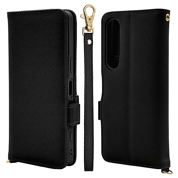 ハンドストラップ付き手帳型ケース ブラック