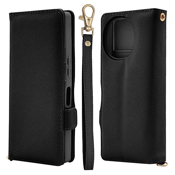 ハンドストラップ付き手帳型ケース ブラック