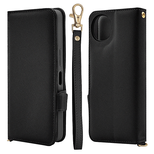 ハンドストラップ付き手帳型ケース ブラック