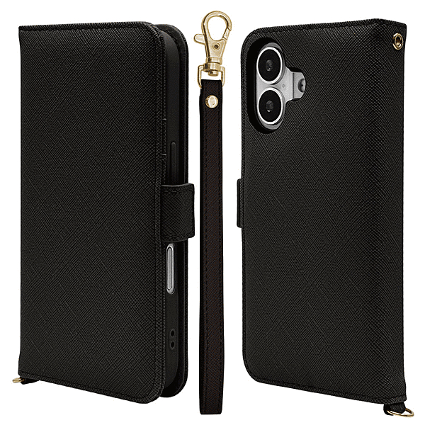 ハンドストラップ付き手帳型ケース ブラック