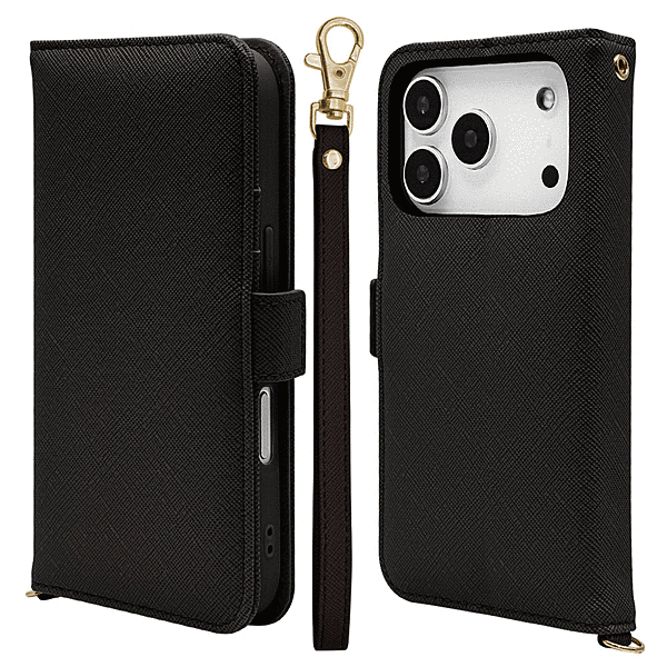 ハンドストラップ付き手帳型ケース ブラック