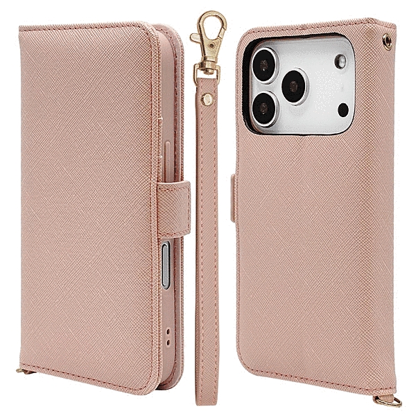 ハンドストラップ付き手帳型ケース ライトピンク