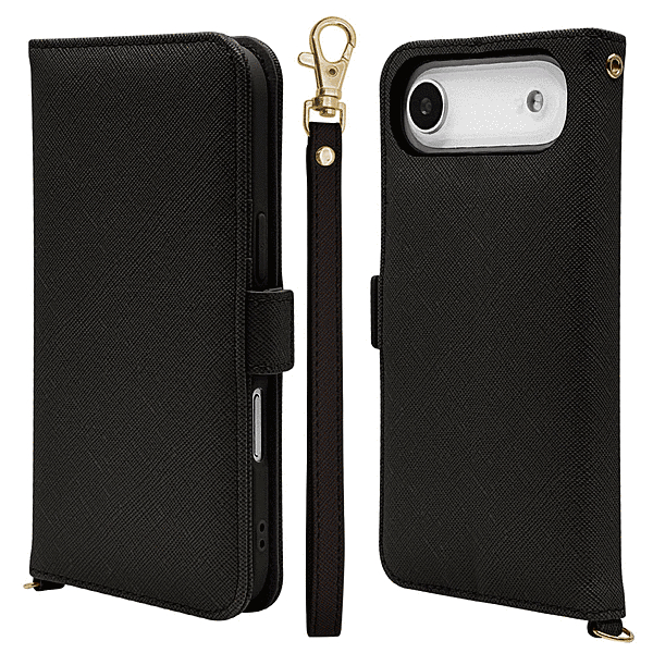 ハンドストラップ付き手帳型ケース ブラック