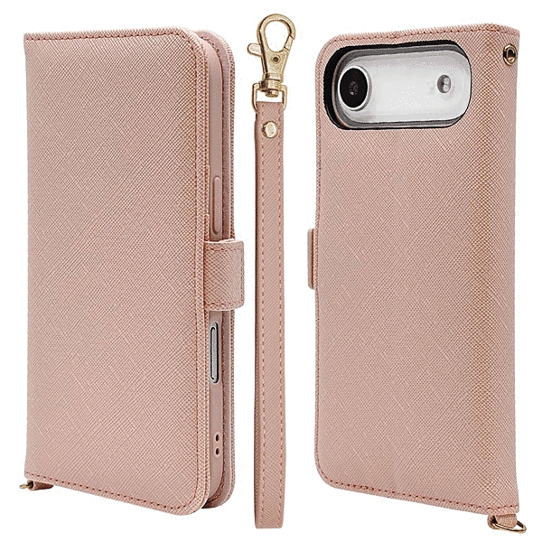 ハンドストラップ付き手帳型ケース ライトピンク