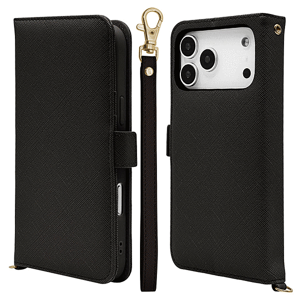 ハンドストラップ付き手帳型ケース ブラック