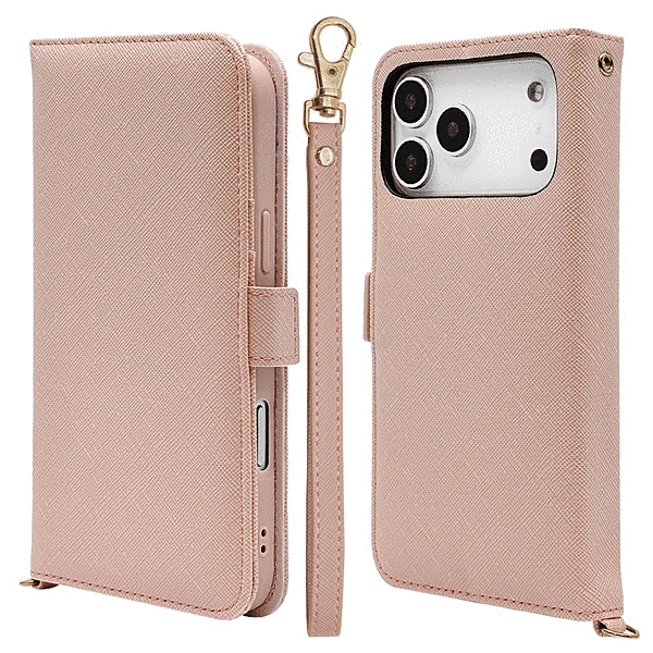 ハンドストラップ付き手帳型ケース ライトピンク