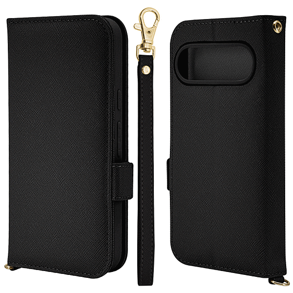 ハンドストラップ付き手帳型ケース ブラック