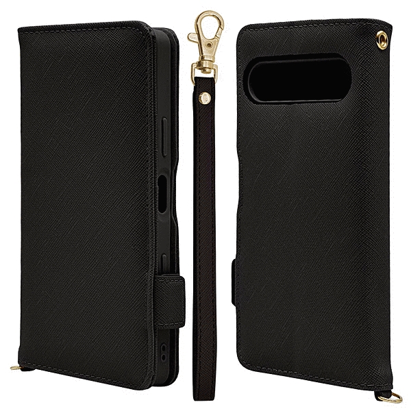 ハンドストラップ付き手帳型ケース ブラック