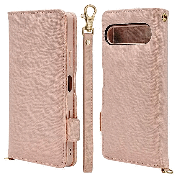 ハンドストラップ付き手帳型ケース ライトピンク