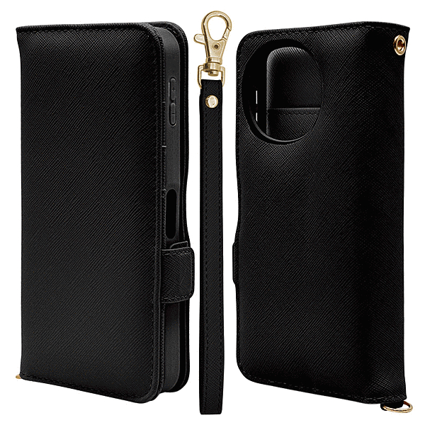 ハンドストラップ付き手帳型ケース ブラック