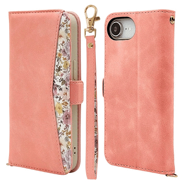 花柄手帳型ケース コーラルピンク